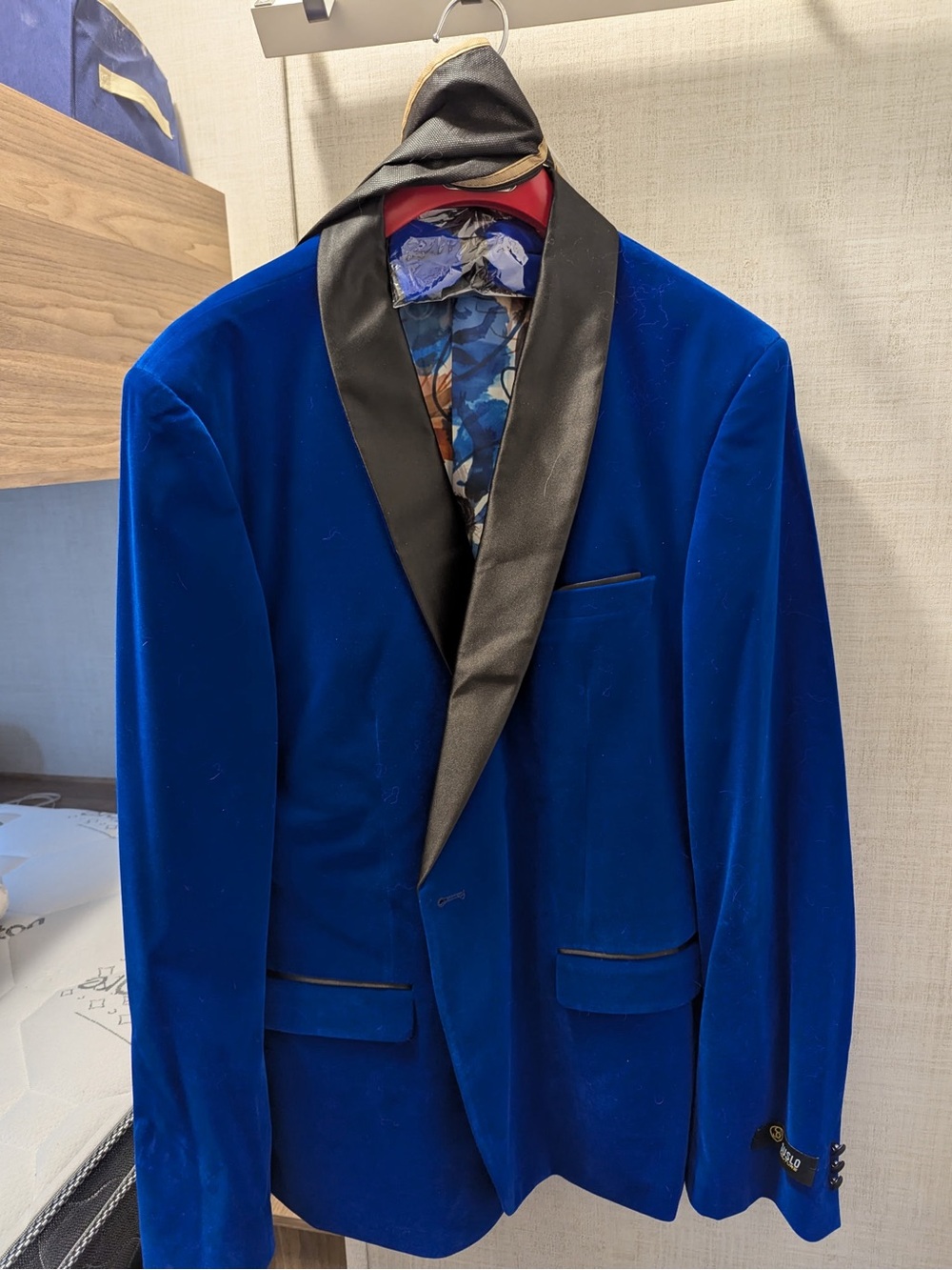 Men's Royal Blue Velvet Blazer with Black Satin Shawl Lapel